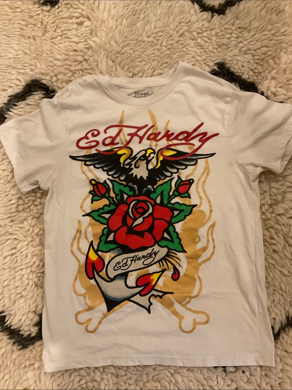 Ed Hardy White Mens Tee with Red Rose & Black Eagle Graphic